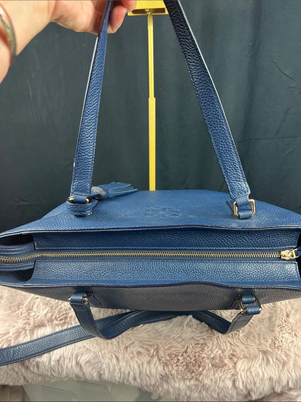 Tory Burch Blake Leather Tote Navy Blue Large Crossbody Tassel w/ COA